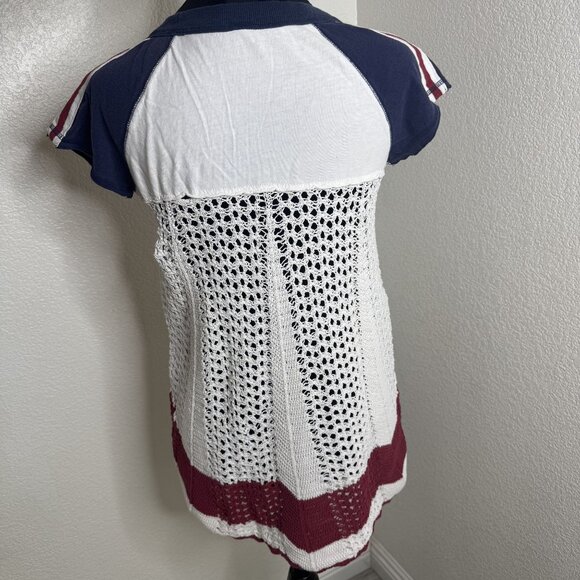 Free People Mustang Band‎ Raglan Crochet Hem Top Navy/White/Red Cotton Knit S - Picture 1 of 8